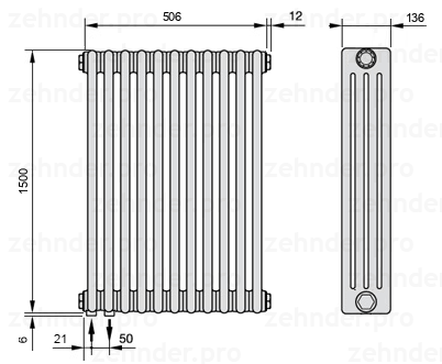 Схема (чертеж) Радиатор Zehnder Charleston 4150/11 №3370 Белый глянцевый RAL 9016